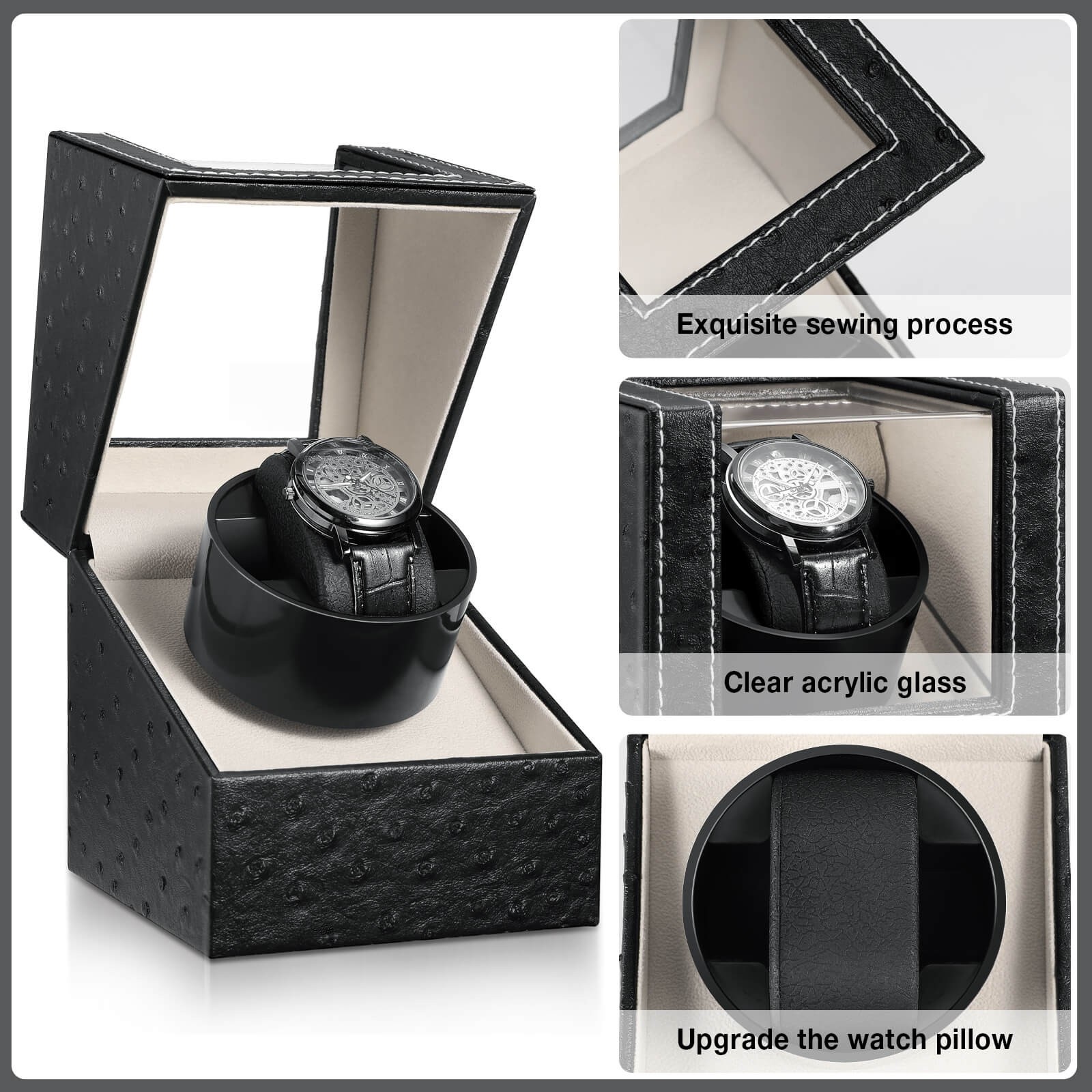 Maselex Single Watch Winder with Black Leather Shell | JQUEEN