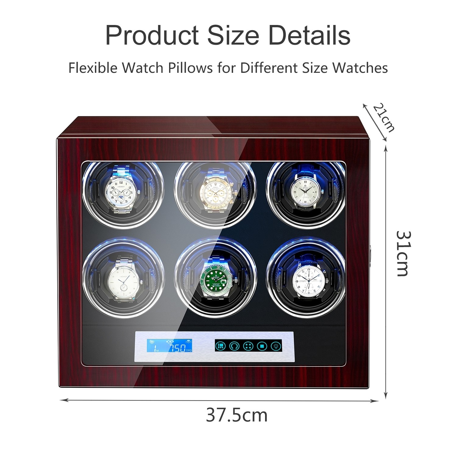 Automatic 6 Watch Winder Box With Lcd Touch Screen in Black