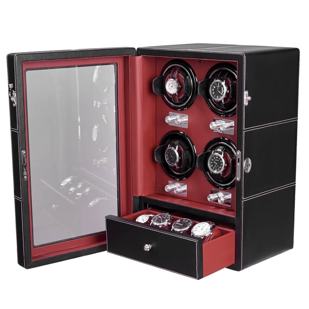 Quad Auto Watch Winder Box with Four Quiet Mabuchi Motors in Black