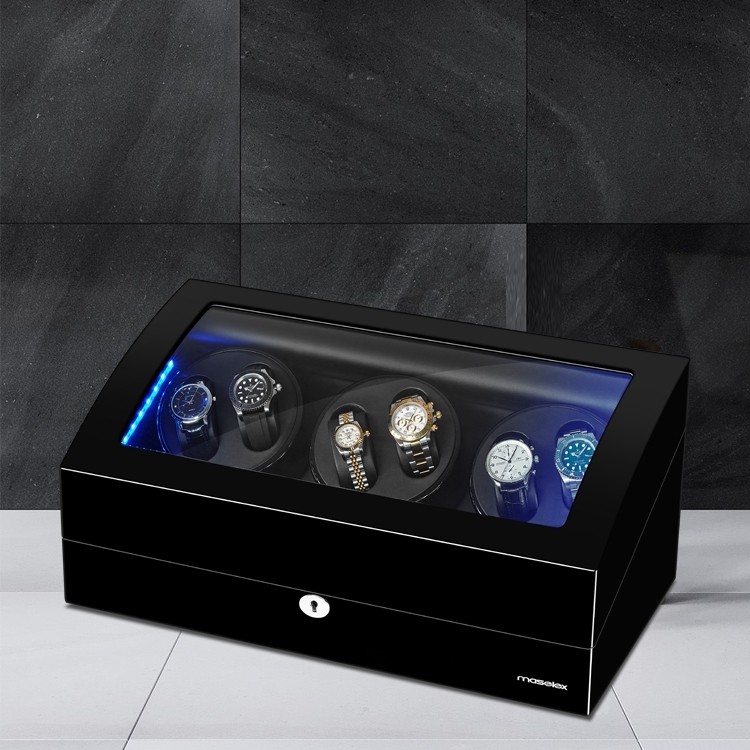 Black Automatic High End Watch Winder, Built-in Blue LED Illuminated ...